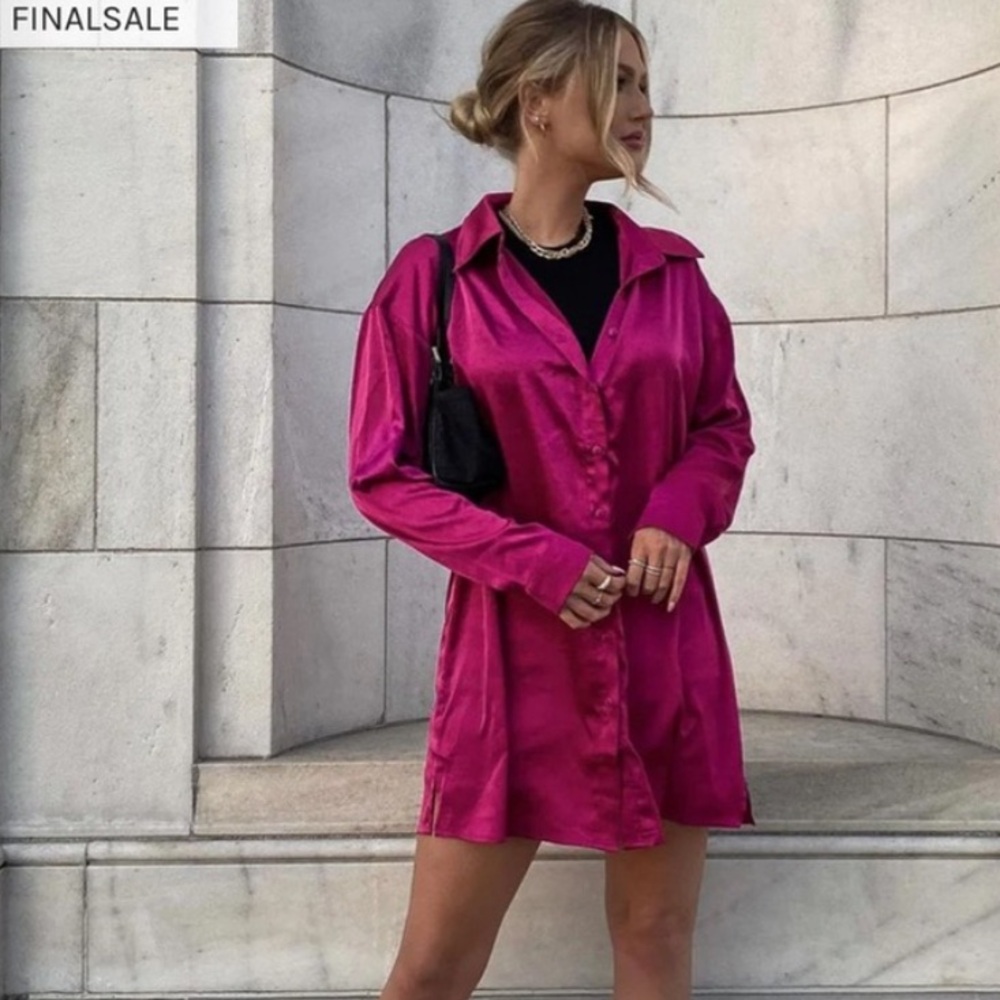 Vibrant Pink Satin Shirt Dress